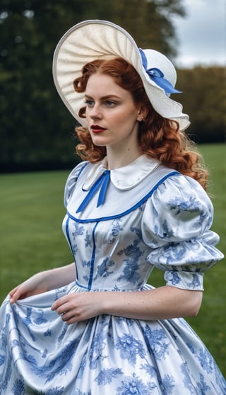 standing in a park, a woman in her early 20s, with her reddish brown long hair styled into soft curls, wearing a white and blue porcelain print silk shiny satin housewife dress, with a white silk shiny satin peter pan collar, and big poofy silk shiny satin sleeves. the dresses big skirt lifted by layers of petticoats. A white straw wide brim sun hat
