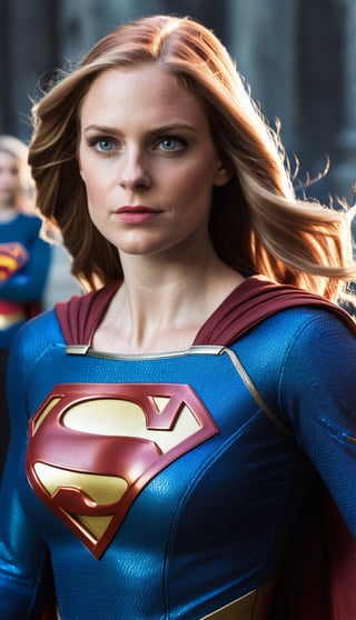 a white women with reddish brown hair dressed like Supergirl. 