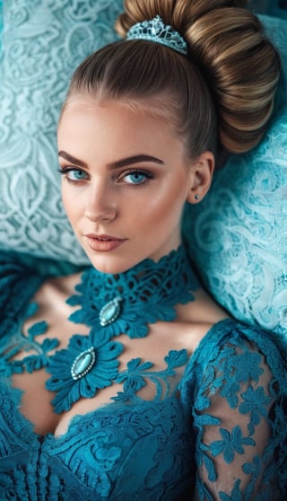 Beautiful girl lying on the pillow, attractive eyes, bun hairstyle, light makeup, wearing an indigo or turquoise lace dress with long sleeves, close-up, hyper detailed, high resolution