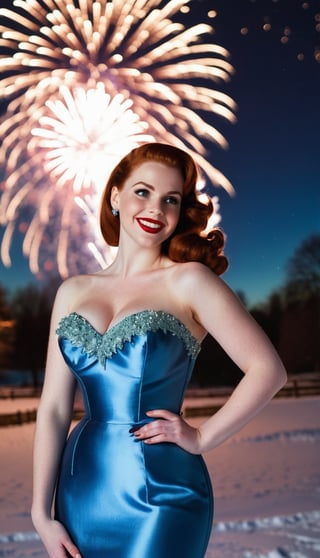 Standing in a park at night, in the snow, watching an amazing fireworks display, celebrating New Years. a stunningly beautiful 1950s girl with a cute round face long reddish brown hair looking happy, huge large sized breasts and a tiny waist, in her early 20s, wearing a blue shiny satin mermaid dress.