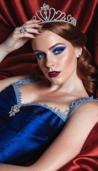 a white woman with reddish brown hair, wearing royal blue silk and lace princess dress. she's laying on a bed with red satin sheets. she is wearing makeup and her finger nails are painted. on her head is a silver tiara. 