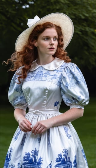 standing in a park, a woman in her early 20s, with her reddish brown long hair styled into soft curls, wearing a white and blue porcelain print silk shiny satin housewife dress, with a white silk shiny satin peter pan collar, and big poofy silk shiny satin sleeves. the dresses big skirt lifted by layers of petticoats. A white straw wide brim sun hat
