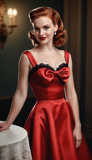 beautiful white woman with reddish hair, 25, photorealistic, masterpiece, best quality, very detailed face with pores and wrinkles, raw photo, long hair, ((1950s style satin red dress)) with tight bodice and long circle skirt, lace pettycoats under skirt showing, large bow on the back of the dress, detailed eyes and face, small breast, low key, full_body, seductive body, slim body, beautiful legs, seductive pose, sexy smile, gorgeous girl, detailed hands, in 1950s home