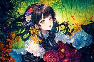 Official Art, Unity 8K Wallpaper, Extreme Detailed, Beautiful and Aesthetic, Masterpiece, Top Quality, perfect anatomy, 

1girl, solo, long hair, bangs, hair ornament, long sleeves, dress, very long hair, flower, frills, hair flower, wide sleeves, blunt bangs, black dress, floral print, absurdly long hair, green theme, green ribbon, bamboo forest, falling leaves

a beautifully drawn (((ink illustration))) depicting, vintage, PURPLE and YELLOW accents, watercolor painting, concept art, (best illustration), (best shadow), Analog Color Theme, vivid colours, contrast, smooth, sharp focus, scenery, 

(Pencil_Sketch:1.2,masterpiece, midjourney, best quality, incredibly absurdres, messy lines,high detail eyes,More Detail,perfect light,portrait, 