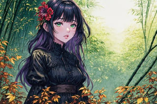 Official Art, Unity 8K Wallpaper, Extreme Detailed, Beautiful and Aesthetic, Masterpiece, Top Quality, perfect anatomy, 

1girl, solo, long hair, bangs, hair ornament, long sleeves, dress, very long hair, flower, frills, hair flower, wide sleeves, blunt bangs, black dress, floral print, absurdly long hair, green theme, green ribbon, bamboo forest, falling leaves

a beautifully drawn (((ink illustration))) depicting, vintage, PURPLE and YELLOW accents, watercolor painting, concept art, (best illustration), (best shadow), Analog Color Theme, vivid colours, contrast, smooth, sharp focus, scenery, 

(Pencil_Sketch:1.2,masterpiece, midjourney, best quality, incredibly absurdres, messy lines,high detail eyes,More Detail,perfect light,portrait, 