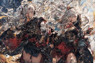 Official Art, Unity 8K Wallpaper, Extreme Detailed, Beautiful and Aesthetic, Masterpiece, Top Quality, perfect anatomy, 

1girl, solo, long hair, red eyes, thighhighs, weapon, braid, white hair, twin braids, gun, glowing, headphones, gatling gun, brown theme, woods, dusty,

a beautifully drawn (((ink illustration))) depicting, vintage, red and green accents, watercolor painting, concept art, (best illustration), (best shadow), Analog Color Theme, vivid colours, contrast, smooth, sharp focus, scenery, 

(Pencil_Sketch:1.2,masterpiece, midjourney, best quality, incredibly absurdres, messy lines,high detail eyes,More Detail,perfect light,portrait, ,more detail XL,Ukiyo-e, ,ink,colorful,samurai