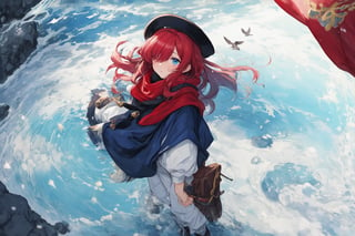 Official Art, Unity 8K Wallpaper, Extreme Detailed, Beautiful and Aesthetic, Masterpiece, Top Quality, perfect anatomy, 

1girl, solo, very long hair, bangs, blue eyes, skirt, indigo vest, long sleeves, hat, red hair, cape, hair over one eye, fur trim, indigo headwear, heterochromia, red cloak, fur-trimmed cloak, white shirt, boots, white pants, chinese clothes, bird, Tula Province, Russian Empire,
Source of life, sparkling stars, water feeder, aquatic tune, ginger, ice water, geranium, oak, impurity glass bottle, tweed cloak, Claret homemade equestrian skirt, Plateau lakes, snow mountains

a beautifully drawn (((ink illustration))) depicting, vintage, Claret and navy blue accents, watercolor painting, concept art, (best illustration), (best shadow), Analog Color Theme, vivid colours, contrast, smooth, sharp focus, scenery, 

(Pencil_Sketch:1.2,masterpiece, midjourney, best quality, incredibly absurdres, messy lines,high detail eyes,More Detail,perfect light,portrait, ,more detail XL,Ukiyo-e, ,ink,colorful,samurai