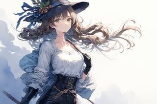 Official Art, Unity 8K Wallpaper, Extreme Detailed, Beautiful and Aesthetic, Masterpiece, Top Quality, perfect anatomy, 

1girl, solo, long hair, brown hair, shirt, gloves, holding, hair between eyes, standing, collarbone, yellow eyes, white shirt, belt, pants, single braid, black headwear, black pants, hair over shoulder, shirt tucked in, fake facial hair, fake mustache, Los Angeles, film stock, tracery, leather tones, cinnamon, cocoa nut, vanilla, amber, tolu balsam, notched fedora, bamboo cane, olive green cotton headband, stuntman,

a beautifully drawn (((ink illustration))) depicting, vintage, brown and green accents, watercolor painting, concept art, (best illustration), (best shadow), Analog Color Theme, vivid colours, contrast, smooth, sharp focus, scenery, 

(Pencil_Sketch:1.2,masterpiece, midjourney, best quality, incredibly absurdres, messy lines,high detail eyes,More Detail,perfect light,portrait, ,more detail XL,Ukiyo-e, ,ink,colorful,