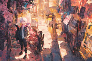 Official Art, Unity 8K Wallpaper, Extreme Detailed, Beautiful and Aesthetic, Masterpiece, Top Quality, perfect anatomy, 

solo, looking at viewer, short hair, bangs, long sleeves, 1boy, jewelry, closed mouth, standing, purple eyes, jacket, full body, white hair, multicolored hair, earrings, pants, hood, pink eyes, black footwear, coat, sleeves past wrists, from above, hood down, magenta theme, candy rain, 

a beautifully drawn (((ink illustration))) depicting, vintage, purple and yellow accents, watercolor painting, concept art, (best illustration), (best shadow), Analog Color Theme, vivid colours, contrast, smooth, sharp focus, scenery, 

(Pencil_Sketch:1.2,masterpiece, midjourney, best quality, incredibly absurdres, messy lines,high detail eyes,More Detail,perfect light,portrait, 