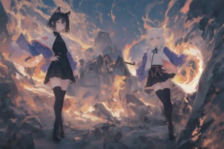 Official Art, Unity 8K Wallpaper, Extreme Detailed, Beautiful and Aesthetic, Masterpiece, Top Quality, perfect anatomy, 

1girl, solo, looking at viewer, short hair, bangs, blue eyes, black hair, thighhighs, long sleeves, dress, animal ears, standing, jacket, tail, full body, boots, black thighhighs, cat ears, black footwear, black dress, cat tail, hand on hip, shadow, pink theme, blue jacket, flames, 

a beautifully drawn (((ink illustration))) depicting, vintage, purple and yellow accents, watercolor painting, concept art, (best illustration), (best shadow), Analog Color Theme, vivid colours, contrast, smooth, sharp focus, scenery, 

(Pencil_Sketch:1.2,masterpiece, midjourney, best quality, incredibly absurdres, messy lines,high detail eyes,More Detail,perfect light,portrait, ,more detail XL,Ukiyo-e, ,ink