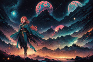 A serenely drifting Solarpunk galactic nomad, exuding tranquility and harmony amidst the stars. This game concept art is a digital painting, showcasing the character floating in a shimmering nebula. Their ethereal presence is highlighted by glowing flora woven into their flowing robes, reflecting the vibrant hues of distant planets in their skin. Each intricate detail is rendered with stunning clarity, immersing the viewer in a world of cosmic beauty and peace.,(Pencil_Sketch:1.2,masterpiece, messy lines,best quality