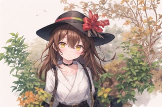 Official Art, Unity 8K Wallpaper, Extreme Detailed, Beautiful and Aesthetic, Masterpiece, Top Quality, perfect anatomy, 

1girl, solo, long hair, brown hair, shirt, gloves, holding, hair between eyes, standing, collarbone, yellow eyes, white shirt, belt, pants, single braid, black headwear, black pants, hair over shoulder, shirt tucked in, fake facial hair, fake mustache, Los Angeles, film stock, tracery, leather tones, cinnamon, cocoa nut, vanilla, amber, tolu balsam, notched fedora, bamboo cane, olive green cotton headband, stuntman,

a beautifully drawn (((ink illustration))) depicting, vintage, brown and green accents, watercolor painting, concept art, (best illustration), (best shadow), Analog Color Theme, vivid colours, contrast, smooth, sharp focus, scenery, 

(Pencil_Sketch:1.2,masterpiece, midjourney, best quality, incredibly absurdres, messy lines,high detail eyes,More Detail,perfect light,portrait, ,more detail XL,Ukiyo-e, ,ink,colorful,