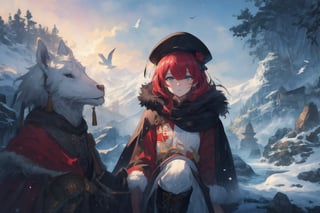 Official Art, Unity 8K Wallpaper, Extreme Detailed, Beautiful and Aesthetic, Masterpiece, Top Quality, perfect anatomy, 

1girl, solo, very long hair, bangs, blue eyes, skirt, indigo vest, long sleeves, hat, red hair, cape, hair over one eye, fur trim, indigo headwear, heterochromia, red cloak, fur-trimmed cloak, white shirt, boots, white pants, chinese clothes, bird, Tula Province, Russian Empire,
Source of life, sparkling stars, water feeder, aquatic tune, ginger, ice water, geranium, oak, impurity glass bottle, tweed cloak, Claret homemade equestrian skirt, Plateau lakes, snow mountains

a beautifully drawn (((ink illustration))) depicting, vintage, Claret and navy blue accents, watercolor painting, concept art, (best illustration), (best shadow), Analog Color Theme, vivid colours, contrast, smooth, sharp focus, scenery, 

(Pencil_Sketch:1.2,masterpiece, midjourney, best quality, incredibly absurdres, messy lines,high detail eyes,More Detail,perfect light,portrait, ,more detail XL,Ukiyo-e, ,ink,colorful,samurai