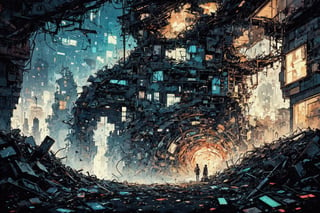 In an eerie digital dystopia, a towering figure emerges from the pixelated ruins, its metallic frame reflecting the sickly glow of neon lights. This haunting image is an oil painting that captures the essence of a futuristic world in decay. The figure's face is a mosaic of fractured screen displays, radiating an otherworldly beauty that belies the underlying chaos. Each pixel is painstakingly rendered with precision, creating a mesmerizing blend of technology and darkness. This mesmerizing piece encapsulates the allure of a world on the brink of collapse, inviting viewers to ponder the consequences of unchecked progress.,masterpiece