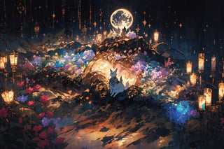 Official Art, Unity 8K Wallpaper, Extreme Detailed, Beautiful and Aesthetic, Masterpiece, Top Quality, perfect anatomy, 

no human, jewelry, flowers, sky, star \(symbol\),  sparkle, night, rose, leaf, moon, crescent, gem, star \(sky\), starry sky, rabbit, crystal, animal focus, gold, blue gemstone, constellation, 

a beautifully drawn (((ink illustration))) depicting, vintage, PURPLE and YELLOW accents, watercolor painting, concept art, (best illustration), (best shadow), Analog Color Theme, vivid colours, contrast, smooth, sharp focus, scenery, 

(Pencil_Sketch:1.2,masterpiece, midjourney, best quality, incredibly absurdres, messy lines,high detail eyes