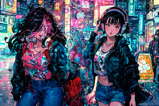 Official Art, Unity 8K Wallpaper, Extreme Detailed, Beautiful and Aesthetic, Masterpiece, Top Quality, perfect anatomy, 

Dreampolis, hyper-detailed digital illustration, cyberpunk, stranger things background theme , scared expression, 17 y. o. single girl headphones in the street, neon lights, lighting bar, city, cyberpunk city, film still, backpack, in megapolis, pro-lighting, high-res, masterpiece, looking_at_viewer, full body,neon photography style, visible legs, wearing jean shorts, visible face, detailed face,

a beautifully drawn (((ink illustration))) depicting, vintage, pink and blue accents, watercolor painting, concept art, (best illustration), (best shadow), Analog Color Theme, vivid colours, contrast, smooth, sharp focus, scenery, 

(Pencil_Sketch:1.2,masterpiece, midjourney, best quality, incredibly absurdres, messy lines,high detail eyes,More Detail,perfect light,portrait, ,more detail XL,Ukiyo-e