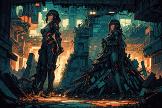 In an eerie digital dystopia, a towering figure emerges from the pixelated ruins, its metallic frame reflecting the sickly glow of neon lights. This haunting image is an oil painting that captures the essence of a futuristic world in decay. The figure's face is a mosaic of fractured screen displays, radiating an otherworldly beauty that belies the underlying chaos. Each pixel is painstakingly rendered with precision, creating a mesmerizing blend of technology and darkness. This mesmerizing piece encapsulates the allure of a world on the brink of collapse, inviting viewers to ponder the consequences of unchecked progress.,masterpiece