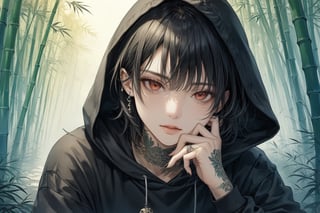 Official Art, Unity 8K Wallpaper, Extreme Detailed, Beautiful and Aesthetic, Masterpiece, Top Quality, perfect anatomy, 

solo, looking at viewer, short hair, black hair, red eyes, 1boy, hair between eyes, jewelry, male focus, earrings, parted lips, hood, cup, fingernails, hoodie, tattoo, piercing, hood down, ear piercing, black nails, skull, head rest, arm tattoo, black hoodie, neck tattoo, lip piercing, multiple piercings, hand tattoo, green bamboo forest, fallen leaves, 

a beautifully drawn (((ink illustration))) depicting, vintage, BROWN and YELLOW accents, watercolor painting, concept art, (best illustration), (best shadow), Analog Color Theme, vivid colours, contrast, smooth, sharp focus, scenery, 

(Pencil_Sketch:1.2,masterpiece, midjourney, best quality, incredibly absurdres, messy lines,high detail eyes,More Detail,perfect light,portrait, ,more detail XL, 