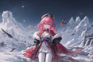 Official Art, Unity 8K Wallpaper, Extreme Detailed, Beautiful and Aesthetic, Masterpiece, Top Quality, perfect anatomy, 

1girl, solo, very long hair, bangs, blue eyes, skirt, indigo vest, long sleeves, hat, red hair, cape, hair over one eye, fur trim, indigo headwear, heterochromia, red cloak, fur-trimmed cloak, white shirt, boots, white pants, chinese clothes, bird, Tula Province, Russian Empire,
Source of life, sparkling stars, water feeder, aquatic tune, ginger, ice water, geranium, oak, impurity glass bottle, tweed cloak, Claret homemade equestrian skirt, Plateau lakes, snow mountains

a beautifully drawn (((ink illustration))) depicting, vintage, Claret and navy blue accents, watercolor painting, concept art, (best illustration), (best shadow), Analog Color Theme, vivid colours, contrast, smooth, sharp focus, scenery, 

(Pencil_Sketch:1.2,masterpiece, midjourney, best quality, incredibly absurdres, messy lines,high detail eyes,More Detail,perfect light,portrait, ,more detail XL,Ukiyo-e, ,ink,colorful,samurai