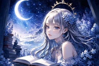 Official Art, Unity 8K Wallpaper, Extreme Detailed, Beautiful and Aesthetic, Masterpiece, Top Quality, perfect anatomy, 

1girl, solo, long hair, bangs, hair ornament, dress, jewelry, closed eyes, upper body, purple hair, flower, earrings, parted lips, hair flower, head tilt, book, eyelashes, makeup, blue theme, halo, white flower, crescent, facing viewer, book stack, hyacinth, star_(sky), 

a beautifully drawn (((ink illustration))) depicting, vintage, PURPLE and YELLOW accents, watercolor painting, concept art, (best illustration), (best shadow), Analog Color Theme, vivid colours, contrast, smooth, sharp focus, scenery, 

(Pencil_Sketch:1.2,masterpiece, midjourney, best quality, incredibly absurdres, messy lines,high detail eyes,More Detail,perfect light,portrait, 