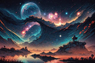 A serenely drifting Solarpunk galactic nomad, exuding tranquility and harmony amidst the stars. This game concept art is a digital painting, showcasing the character floating in a shimmering nebula. Their ethereal presence is highlighted by glowing flora woven into their flowing robes, reflecting the vibrant hues of distant planets in their skin. Each intricate detail is rendered with stunning clarity, immersing the viewer in a world of cosmic beauty and peace.,(Pencil_Sketch:1.2,masterpiece, messy lines,best quality