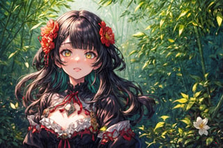 Official Art, Unity 8K Wallpaper, Extreme Detailed, Beautiful and Aesthetic, Masterpiece, Top Quality, perfect anatomy, 

1girl, solo, long hair, bangs, hair ornament, long sleeves, dress, very long hair, flower, frills, hair flower, wide sleeves, blunt bangs, black dress, floral print, absurdly long hair, green theme, green ribbon, bamboo forest, falling leaves

a beautifully drawn (((ink illustration))) depicting, vintage, PURPLE and YELLOW accents, watercolor painting, concept art, (best illustration), (best shadow), Analog Color Theme, vivid colours, contrast, smooth, sharp focus, scenery, 

(Pencil_Sketch:1.2,masterpiece, midjourney, best quality, incredibly absurdres, messy lines,high detail eyes,More Detail,perfect light,portrait, 