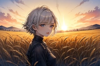 Official Art, Unity 8K Wallpaper, Extreme Detailed, Beautiful and Aesthetic, Masterpiece, Top Quality, perfect anatomy, 

1girl, solo, short hair, shirt, long sleeves, holding, white hair, parted lips, one eye covered, wheat field behind, sunset, Sickle, harvest,

a beautifully drawn (((ink illustration))) depicting, vintage, BROWN and orange accents, watercolor painting, concept art, (best illustration), (best shadow), Analog Color Theme, vivid colours, contrast, smooth, sharp focus, scenery, 

(Pencil_Sketch:1.2,masterpiece, midjourney, best quality, incredibly absurdres, messy lines,high detail eyes,More Detail,perfect light,portrait, ,more detail XL