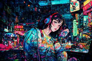 Official Art, Unity 8K Wallpaper, Extreme Detailed, Beautiful and Aesthetic, Masterpiece, Top Quality, perfect anatomy, 

Dreampolis, hyper-detailed digital illustration, cyberpunk, stranger things background theme , scared expression, 17 y. o. single girl headphones in the street, neon lights, lighting bar, city, cyberpunk city, film still, backpack, in megapolis, pro-lighting, high-res, masterpiece, looking_at_viewer, full body,neon photography style, visible legs, wearing jean shorts, visible face, detailed face,

a beautifully drawn (((ink illustration))) depicting, vintage, pink and blue accents, watercolor painting, concept art, (best illustration), (best shadow), Analog Color Theme, vivid colours, contrast, smooth, sharp focus, scenery, 

(Pencil_Sketch:1.2,masterpiece, midjourney, best quality, incredibly absurdres, messy lines,high detail eyes,More Detail,perfect light,portrait, ,more detail XL,Ukiyo-e