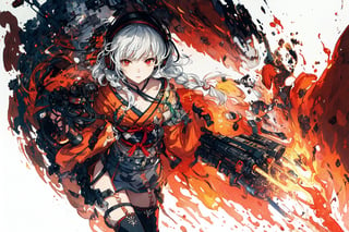 Official Art, Unity 8K Wallpaper, Extreme Detailed, Beautiful and Aesthetic, Masterpiece, Top Quality, perfect anatomy, 

1girl, solo, long hair, red eyes, thighhighs, weapon, braid, white hair, twin braids, gun, glowing, headphones, gatling gun, brown theme, woods, dusty,

a beautifully drawn (((ink illustration))) depicting, vintage, red and green accents, watercolor painting, concept art, (best illustration), (best shadow), Analog Color Theme, vivid colours, contrast, smooth, sharp focus, scenery, 

(Pencil_Sketch:1.2,masterpiece, midjourney, best quality, incredibly absurdres, messy lines,high detail eyes,More Detail,perfect light,portrait, ,more detail XL,Ukiyo-e, ,ink,colorful,samurai