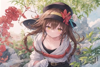 Official Art, Unity 8K Wallpaper, Extreme Detailed, Beautiful and Aesthetic, Masterpiece, Top Quality, perfect anatomy, 

1girl, solo, long hair, brown hair, shirt, gloves, holding, hair between eyes, standing, collarbone, yellow eyes, white shirt, belt, pants, single braid, black headwear, black pants, hair over shoulder, shirt tucked in, fake facial hair, fake mustache, Los Angeles, film stock, tracery, leather tones, cinnamon, cocoa nut, vanilla, amber, tolu balsam, notched fedora, bamboo cane, olive green cotton headband, stuntman,

a beautifully drawn (((ink illustration))) depicting, vintage, brown and green accents, watercolor painting, concept art, (best illustration), (best shadow), Analog Color Theme, vivid colours, contrast, smooth, sharp focus, scenery, 

(Pencil_Sketch:1.2,masterpiece, midjourney, best quality, incredibly absurdres, messy lines,high detail eyes,More Detail,perfect light,portrait, ,more detail XL,Ukiyo-e, ,ink,colorful,