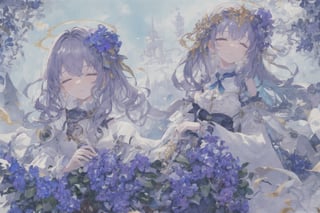 Official Art, Unity 8K Wallpaper, Extreme Detailed, Beautiful and Aesthetic, Masterpiece, Top Quality, perfect anatomy, 

1girl, solo, long hair, bangs, hair ornament, dress, jewelry, closed eyes, upper body, purple hair, flower, earrings, parted lips, hair flower, head tilt, book, eyelashes, makeup, blue theme, halo, white flower, crescent, facing viewer, book stack, hyacinth, star_(sky), 

a beautifully drawn (((ink illustration))) depicting, vintage, PURPLE and YELLOW accents, watercolor painting, concept art, (best illustration), (best shadow), Analog Color Theme, vivid colours, contrast, smooth, sharp focus, scenery, 

(Pencil_Sketch:1.2,masterpiece, midjourney, best quality, incredibly absurdres, messy lines,high detail eyes,More Detail,perfect light,portrait, 