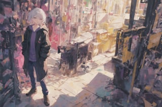 Official Art, Unity 8K Wallpaper, Extreme Detailed, Beautiful and Aesthetic, Masterpiece, Top Quality, perfect anatomy, 

solo, looking at viewer, short hair, bangs, long sleeves, 1boy, jewelry, closed mouth, standing, purple eyes, jacket, full body, white hair, multicolored hair, earrings, pants, hood, pink eyes, black footwear, coat, sleeves past wrists, from above, hood down, magenta theme, candy rain, 

a beautifully drawn (((ink illustration))) depicting, vintage, purple and yellow accents, watercolor painting, concept art, (best illustration), (best shadow), Analog Color Theme, vivid colours, contrast, smooth, sharp focus, scenery, 

(Pencil_Sketch:1.2,masterpiece, midjourney, best quality, incredibly absurdres, messy lines,high detail eyes,More Detail,perfect light,portrait, 