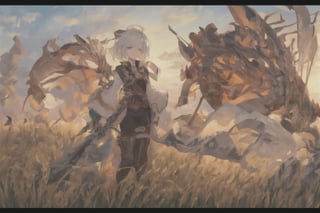 Official Art, Unity 8K Wallpaper, Extreme Detailed, Beautiful and Aesthetic, Masterpiece, Top Quality, perfect anatomy, 

1girl, solo, short hair, shirt, long sleeves, holding, white hair, parted lips, one eye covered, wheat field behind, sunset, Sickle, harvest,

a beautifully drawn (((ink illustration))) depicting, vintage, BROWN and orange accents, watercolor painting, concept art, (best illustration), (best shadow), Analog Color Theme, vivid colours, contrast, smooth, sharp focus, scenery, 

(Pencil_Sketch:1.2,masterpiece, midjourney, best quality, incredibly absurdres, messy lines,high detail eyes,More Detail,perfect light,portrait, 