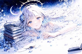 Official Art, Unity 8K Wallpaper, Extreme Detailed, Beautiful and Aesthetic, Masterpiece, Top Quality, perfect anatomy, 

1girl, solo, long hair, bangs, hair ornament, dress, jewelry, closed eyes, upper body, purple hair, flower, earrings, parted lips, hair flower, head tilt, book, eyelashes, makeup, blue theme, halo, white flower, crescent, facing viewer, book stack, hyacinth, star_(sky), 

a beautifully drawn (((ink illustration))) depicting, vintage, PURPLE and YELLOW accents, watercolor painting, concept art, (best illustration), (best shadow), Analog Color Theme, vivid colours, contrast, smooth, sharp focus, scenery, 

(Pencil_Sketch:1.2,masterpiece, midjourney, best quality, incredibly absurdres, messy lines,high detail eyes,More Detail,perfect light,portrait, 