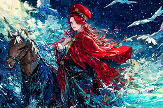 Official Art, Unity 8K Wallpaper, Extreme Detailed, Beautiful and Aesthetic, Masterpiece, Top Quality, perfect anatomy, 

1girl, solo, very long hair, bangs, blue eyes, skirt, indigo vest, long sleeves, hat, red hair, cape, hair over one eye, fur trim, indigo headwear, heterochromia, red cloak, fur-trimmed cloak, white shirt, boots, white pants, chinese clothes, bird, Tula Province, Russian Empire,
Source of life, sparkling stars, water feeder, aquatic tune, ginger, ice water, geranium, oak, impurity glass bottle, tweed cloak, Claret homemade equestrian skirt, Plateau lakes, snow mountains

a beautifully drawn (((ink illustration))) depicting, vintage, Claret and navy blue accents, watercolor painting, concept art, (best illustration), (best shadow), Analog Color Theme, vivid colours, contrast, smooth, sharp focus, scenery, 

(Pencil_Sketch:1.2,masterpiece, midjourney, best quality, incredibly absurdres, messy lines,high detail eyes,More Detail,perfect light,portrait, ,more detail XL,Ukiyo-e, ,ink,colorful,samurai