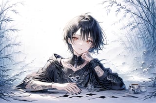 Official Art, Unity 8K Wallpaper, Extreme Detailed, Beautiful and Aesthetic, Masterpiece, Top Quality, perfect anatomy, 

solo, looking at viewer, short hair, black hair, red eyes, 1boy, hair between eyes, jewelry, male focus, earrings, parted lips, hood, cup, fingernails, hoodie, tattoo, piercing, hood down, ear piercing, black nails, skull, head rest, arm tattoo, black hoodie, neck tattoo, lip piercing, multiple piercings, hand tattoo, green bamboo forest, fallen leaves, 

a beautifully drawn (((ink illustration))) depicting, vintage, BROWN and YELLOW accents, watercolor painting, concept art, (best illustration), (best shadow), Analog Color Theme, vivid colours, contrast, smooth, sharp focus, scenery, 

(Pencil_Sketch:1.2,masterpiece, midjourney, best quality, incredibly absurdres, messy lines,high detail eyes,More Detail,perfect light,portrait, ,more detail XL, 