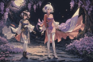 1girl, solo, looking at viewer, short hair, hair ornament, gloves, long sleeves, dress, holding, hair between eyes, closed mouth, standing, purple eyes, full body, weapon, wisteria flowers, ahoge, white hair, black pantyhose, multicolored hair, boots, sword, hair flower, holding weapon, armor, high heels, holding sword, cheongsam, china dress, whiie dress with violet pattern, moon, ink painting,(Pencil_Sketch:1.2