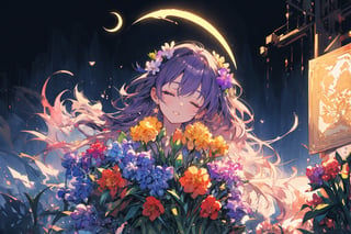 Official Art, Unity 8K Wallpaper, Extreme Detailed, Beautiful and Aesthetic, Masterpiece, Top Quality, perfect anatomy, 

1girl, solo, long hair, bangs, hair ornament, dress, jewelry, closed eyes, upper body, purple hair, flower, earrings, parted lips, hair flower, head tilt, book, eyelashes, makeup, blue theme, halo, white flower, crescent, facing viewer, book stack, hyacinth, star_(sky), 

a beautifully drawn (((ink illustration))) depicting, vintage, PURPLE and YELLOW accents, watercolor painting, concept art, (best illustration), (best shadow), Analog Color Theme, vivid colours, contrast, smooth, sharp focus, scenery, 

(Pencil_Sketch:1.2,masterpiece, midjourney, best quality, incredibly absurdres, messy lines,high detail eyes,More Detail,perfect light,portrait, 