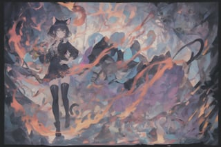 Official Art, Unity 8K Wallpaper, Extreme Detailed, Beautiful and Aesthetic, Masterpiece, Top Quality, perfect anatomy, 

1girl, solo, looking at viewer, short hair, bangs, blue eyes, black hair, thighhighs, long sleeves, dress, animal ears, standing, jacket, tail, full body, boots, black thighhighs, cat ears, black footwear, black dress, cat tail, hand on hip, shadow, pink theme, blue jacket, flames, 

a beautifully drawn (((ink illustration))) depicting, vintage, purple and yellow accents, watercolor painting, concept art, (best illustration), (best shadow), Analog Color Theme, vivid colours, contrast, smooth, sharp focus, scenery, 

(Pencil_Sketch:1.2,masterpiece, midjourney, best quality, incredibly absurdres, messy lines,high detail eyes,More Detail,perfect light,portrait, ,more detail XL,Ukiyo-e, ,ink