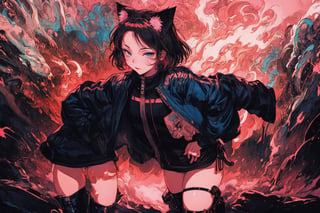 Official Art, Unity 8K Wallpaper, Extreme Detailed, Beautiful and Aesthetic, Masterpiece, Top Quality, perfect anatomy, 

1girl, solo, looking at viewer, short hair, bangs, blue eyes, black hair, thighhighs, long sleeves, dress, animal ears, standing, jacket, tail, full body, boots, black thighhighs, cat ears, black footwear, black dress, cat tail, hand on hip, shadow, pink theme, blue jacket, flames, 

a beautifully drawn (((ink illustration))) depicting, vintage, purple and yellow accents, watercolor painting, concept art, (best illustration), (best shadow), Analog Color Theme, vivid colours, contrast, smooth, sharp focus, scenery, 

(Pencil_Sketch:1.2,masterpiece, midjourney, best quality, incredibly absurdres, messy lines,high detail eyes,More Detail,perfect light,portrait, ,more detail XL,Ukiyo-e, ,ink