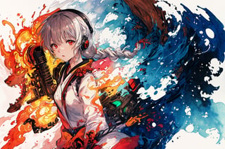 Official Art, Unity 8K Wallpaper, Extreme Detailed, Beautiful and Aesthetic, Masterpiece, Top Quality, perfect anatomy, 

1girl, solo, long hair, red eyes, thighhighs, weapon, braid, white hair, twin braids, gun, glowing, headphones, gatling gun, brown theme, woods, dusty,

a beautifully drawn (((ink illustration))) depicting, vintage, red and green accents, watercolor painting, concept art, (best illustration), (best shadow), Analog Color Theme, vivid colours, contrast, smooth, sharp focus, scenery, 

(Pencil_Sketch:1.2,masterpiece, midjourney, best quality, incredibly absurdres, messy lines,high detail eyes,More Detail,perfect light,portrait, ,more detail XL,Ukiyo-e, ,ink,colorful,samurai