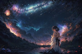 A serenely drifting Solarpunk galactic nomad, exuding tranquility and harmony amidst the stars. This game concept art is a digital painting, showcasing the character floating in a shimmering nebula. Their ethereal presence is highlighted by glowing flora woven into their flowing robes, reflecting the vibrant hues of distant planets in their skin. Each intricate detail is rendered with stunning clarity, immersing the viewer in a world of cosmic beauty and peace.,(Pencil_Sketch:1.2,masterpiece, messy lines,best quality