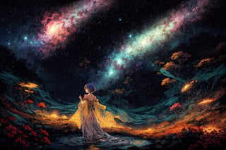 A serenely drifting Solarpunk galactic nomad, exuding tranquility and harmony amidst the stars. This game concept art is a digital painting, showcasing the character floating in a shimmering nebula. Their ethereal presence is highlighted by glowing flora woven into their flowing robes, reflecting the vibrant hues of distant planets in their skin. Each intricate detail is rendered with stunning clarity, immersing the viewer in a world of cosmic beauty and peace.,(Pencil_Sketch:1.2,masterpiece, messy lines,best quality