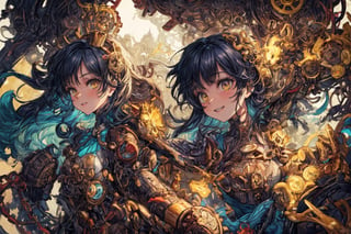 Official Art, Unity 8K Wallpaper, Extreme Detailed, Beautiful and Aesthetic, Masterpiece, Top Quality, perfect anatomy, 

A whimsically eccentric steampunk zany dimensional drifter, this character brims with quirky gadgets and mismatched gears. Imagine this as an intricately detailed digital illustration, showcasing the intricate melding of mechanical parts with vibrant, whimsical colors. Each cog, pipe, and lever is meticulously crafted, giving the image a sense of kinetic energy and whimsy. The character's goggles gleam with a steampunk sheen, while their patchwork outfit exudes a playful sense of adventure. This high-quality image truly captures the essence of a lighthearted yet adventurous steampunk universe.

a beautifully drawn (((ink illustration))) depicting, vintage, PURPLE and YELLOW accents, watercolor painting, concept art, (best illustration), (best shadow), Analog Color Theme, vivid colours, contrast, smooth, sharp focus, scenery, 

(Pencil_Sketch:1.2,masterpiece, midjourney, best quality, incredibly absurdres, messy lines,high detail eyes,More Detail,perfect light,portrait