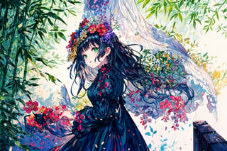 Official Art, Unity 8K Wallpaper, Extreme Detailed, Beautiful and Aesthetic, Masterpiece, Top Quality, perfect anatomy, 

1girl, solo, long hair, bangs, hair ornament, long sleeves, dress, very long hair, flower, frills, hair flower, wide sleeves, blunt bangs, black dress, floral print, absurdly long hair, green theme, green ribbon, bamboo forest, falling leaves

a beautifully drawn (((ink illustration))) depicting, vintage, PURPLE and YELLOW accents, watercolor painting, concept art, (best illustration), (best shadow), Analog Color Theme, vivid colours, contrast, smooth, sharp focus, scenery, 

(Pencil_Sketch:1.2,masterpiece, midjourney, best quality, incredibly absurdres, messy lines,high detail eyes,More Detail,perfect light,portrait, 