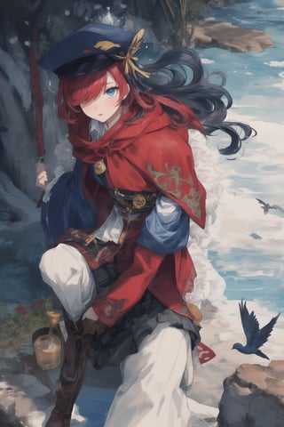 Official Art, Unity 8K Wallpaper, Extreme Detailed, Beautiful and Aesthetic, Masterpiece, Top Quality, perfect anatomy, 

1girl, solo, very long hair, bangs, blue eyes, skirt, indigo vest, long sleeves, hat, red hair, cape, hair over one eye, fur trim, indigo headwear, heterochromia, red cloak, fur-trimmed cloak, white shirt, boots, white pants, chinese clothes, bird, Tula Province, Russian Empire,
Source of life, sparkling stars, water feeder, aquatic tune, ginger, ice water, geranium, oak, impurity glass bottle, tweed cloak, Claret homemade equestrian skirt, Plateau lakes, snow mountains

a beautifully drawn (((ink illustration))) depicting, vintage, Claret and navy blue accents, watercolor painting, concept art, (best illustration), (best shadow), Analog Color Theme, vivid colours, contrast, smooth, sharp focus, scenery, 

(Pencil_Sketch:1.2,masterpiece, midjourney, best quality, incredibly absurdres, messy lines,high detail eyes,More Detail,perfect light,portrait, ,more detail XL,Ukiyo-e, ,ink,colorful,samurai,anime