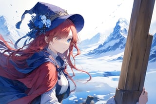 Official Art, Unity 8K Wallpaper, Extreme Detailed, Beautiful and Aesthetic, Masterpiece, Top Quality, perfect anatomy, 

1girl, solo, very long hair, bangs, blue eyes, skirt, indigo vest, long sleeves, hat, red hair, cape, hair over one eye, fur trim, indigo headwear, heterochromia, red cloak, fur-trimmed cloak, white shirt, boots, white pants, chinese clothes, bird, Tula Province, Russian Empire,
Source of life, sparkling stars, water feeder, aquatic tune, ginger, ice water, geranium, oak, impurity glass bottle, tweed cloak, Claret homemade equestrian skirt, Plateau lakes, snow mountains

a beautifully drawn (((ink illustration))) depicting, vintage, Claret and navy blue accents, watercolor painting, concept art, (best illustration), (best shadow), Analog Color Theme, vivid colours, contrast, smooth, sharp focus, scenery, 

(Pencil_Sketch:1.2,masterpiece, midjourney, best quality, incredibly absurdres, messy lines,high detail eyes,More Detail,perfect light,portrait, ,more detail XL,Ukiyo-e, ,ink,colorful,