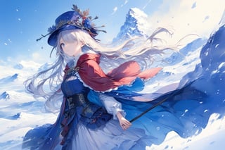 Official Art, Unity 8K Wallpaper, Extreme Detailed, Beautiful and Aesthetic, Masterpiece, Top Quality, perfect anatomy, 

1girl, solo, very long hair, bangs, blue eyes, skirt, indigo vest, long sleeves, hat, red hair, cape, hair over one eye, fur trim, indigo headwear, heterochromia, red cloak, fur-trimmed cloak, white shirt, boots, white pants, chinese clothes, bird, Tula Province, Russian Empire,
Source of life, sparkling stars, water feeder, aquatic tune, ginger, ice water, geranium, oak, impurity glass bottle, tweed cloak, Claret homemade equestrian skirt, Plateau lakes, snow mountains

a beautifully drawn (((ink illustration))) depicting, vintage, Claret and navy blue accents, watercolor painting, concept art, (best illustration), (best shadow), Analog Color Theme, vivid colours, contrast, smooth, sharp focus, scenery, 

(Pencil_Sketch:1.2,masterpiece, midjourney, best quality, incredibly absurdres, messy lines,high detail eyes,More Detail,perfect light,portrait, ,more detail XL,Ukiyo-e, ,ink,colorful,