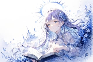 Official Art, Unity 8K Wallpaper, Extreme Detailed, Beautiful and Aesthetic, Masterpiece, Top Quality, perfect anatomy, 

1girl, solo, long hair, bangs, hair ornament, dress, jewelry, closed eyes, upper body, purple hair, flower, earrings, parted lips, hair flower, head tilt, book, eyelashes, makeup, blue theme, halo, white flower, crescent, facing viewer, book stack, hyacinth, star_(sky), 

a beautifully drawn (((ink illustration))) depicting, vintage, PURPLE and YELLOW accents, watercolor painting, concept art, (best illustration), (best shadow), Analog Color Theme, vivid colours, contrast, smooth, sharp focus, scenery, 

(Pencil_Sketch:1.2,masterpiece, midjourney, best quality, incredibly absurdres, messy lines,high detail eyes,More Detail,perfect light,portrait, 