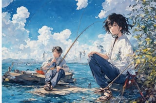 Official Art, Unity 8K Wallpaper, Extreme Detailed, Beautiful and Aesthetic, Masterpiece, Top Quality, perfect anatomy, 

solo, short hair, black hair, 1boy, holding, sitting, male focus, outdoors, japanese clothes, sky, day, pants, clouds, water, blue sky, tattoo, sandals, fish, grey pants, fishing rod, fishing, holding fishing rod, fishing line, blue theme, 

a beautifully drawn (((ink illustration))) depicting, vintage, purple and yellow accents, watercolor painting, concept art, (best illustration), (best shadow), Analog Color Theme, vivid colours, contrast, smooth, sharp focus, scenery, 

(Pencil_Sketch:1.2,masterpiece, midjourney, best quality, incredibly absurdres, messy lines,high detail eyes,More Detail,perfect light,portrait, ,more detail XL,Ukiyo-e, ,ink